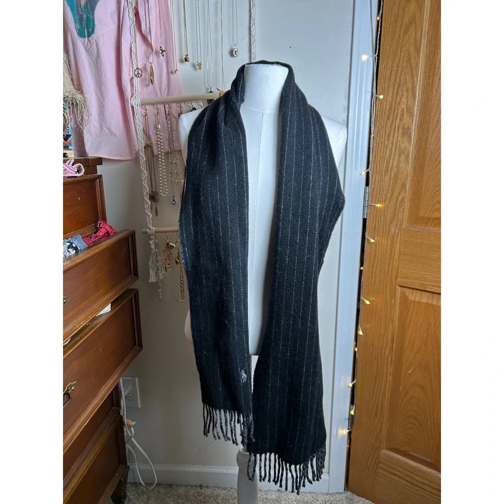 Polo Ralph Lauren Scarf Reversible‎ Gray Plaid Striped Made in Italy Preppy Chic